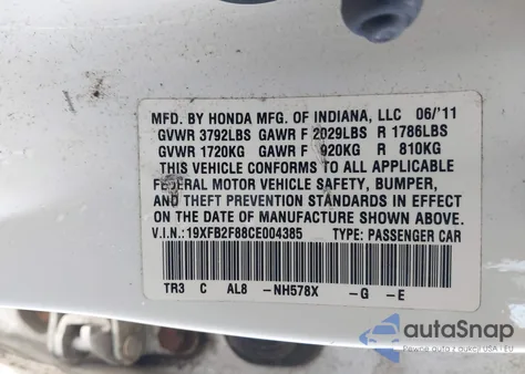 2012 Honda Civic Ex из США, поврежденный, VIN 19XFB2F88CE004385